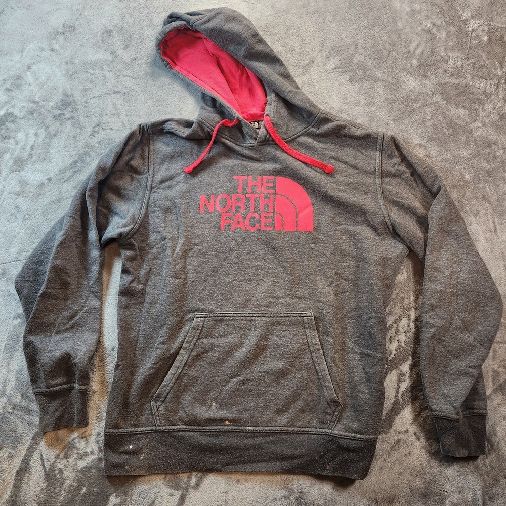 The North Face Hoodie Mens M Gray Red Half Dome Pullover Spell Out Logo Hiking